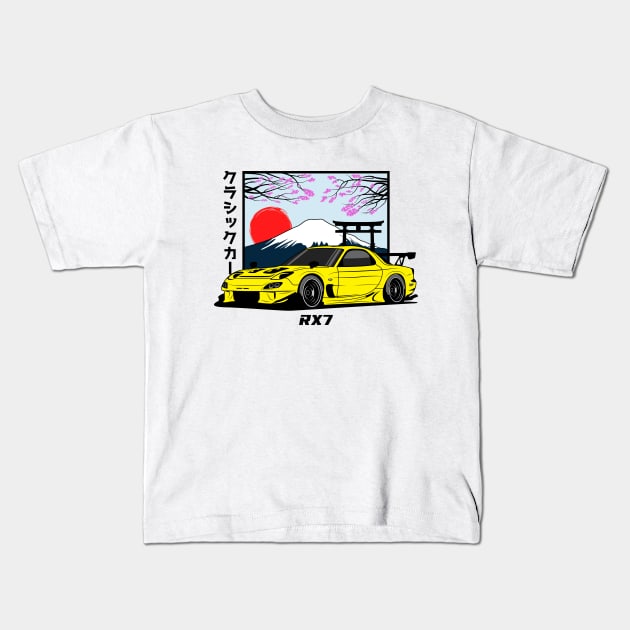 Yellow RX 7 JDM Kids T-Shirt by GoldenTuners